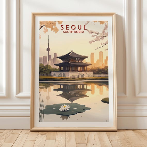 Seoul South Korea Travel Poster Featuring Pond And Traditional Pavilion With Cherry Blossoms Modern City Skyline At Sunset Gift