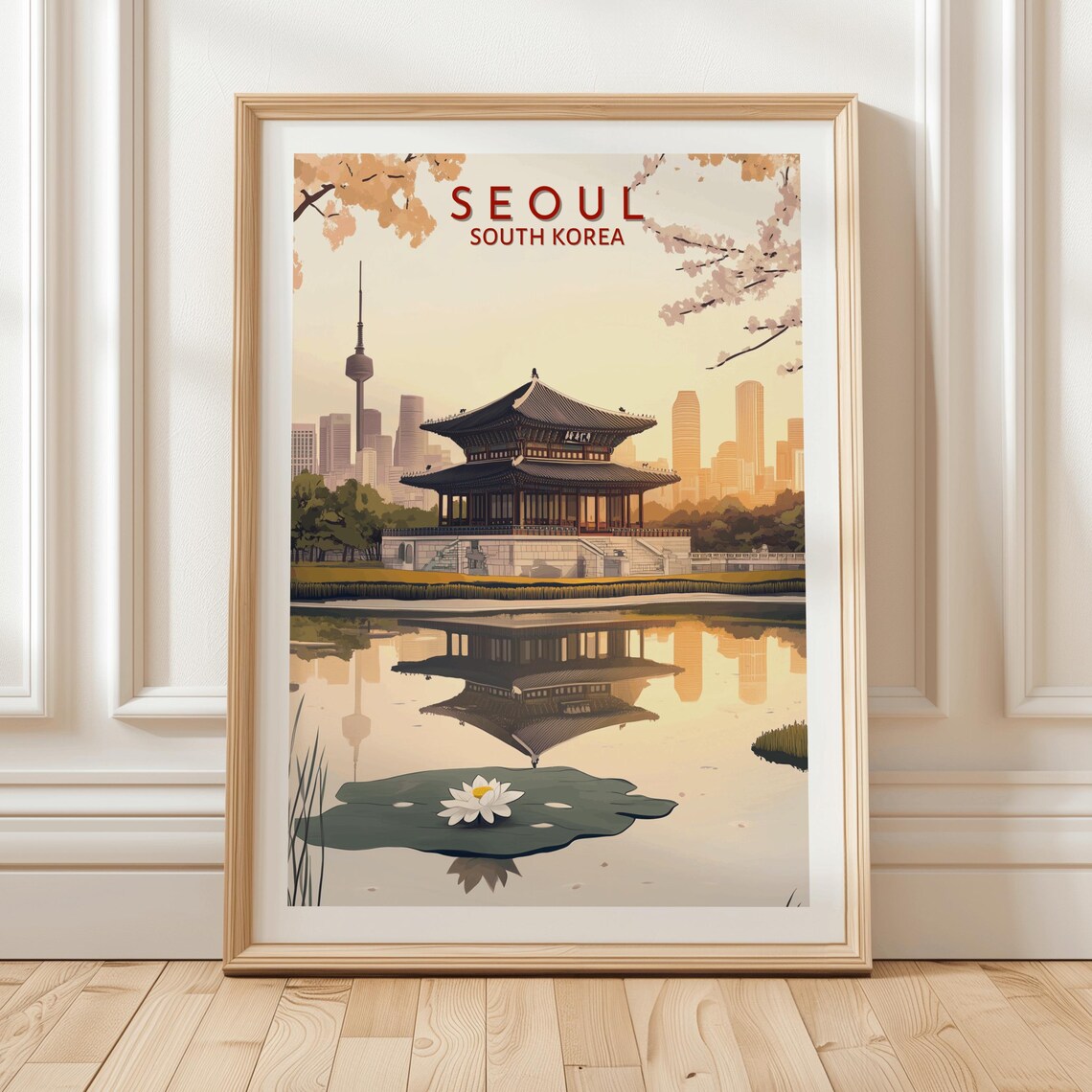 Seoul Palace Pavilion Pond Reflection Sunset Skyline Travel Poster