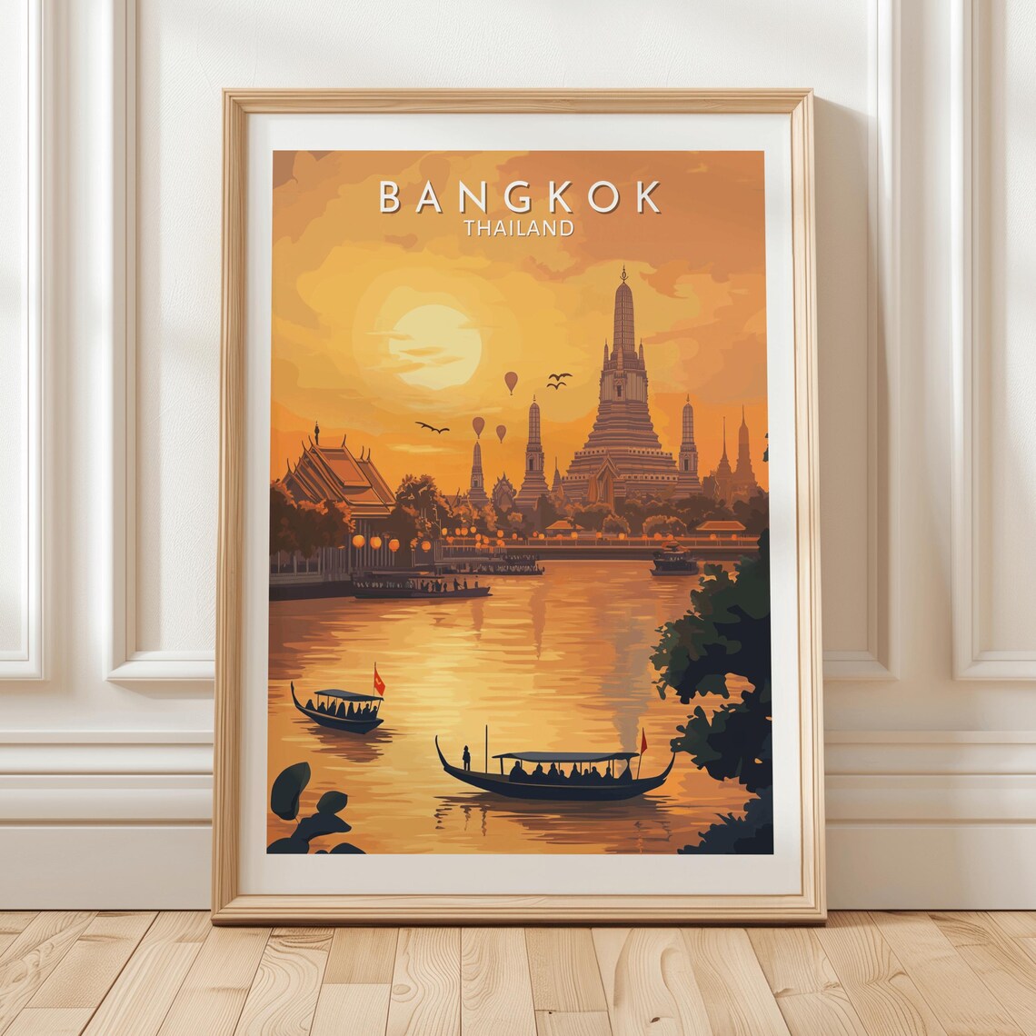Bangkok Thailand Wat Arun Riverside Sunset Longtail Boats Poster