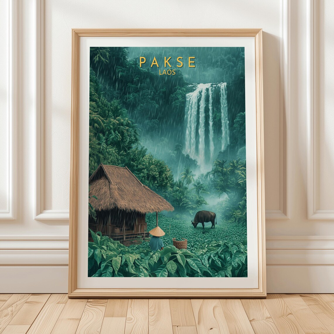Pakse Laos Waterfall Jungle Hut Water Buffalo Tropical Travel Poster