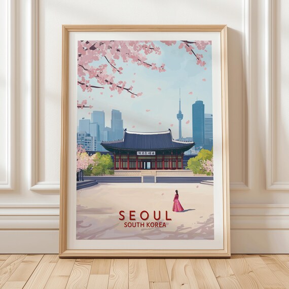 Seoul South Korea Cherry Blossom Hanbok Palace Travel Poster