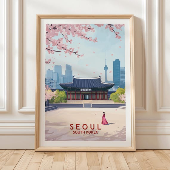 Seoul South Korea Poster Hanbok Girl Print Asian Traditional Palace Art Cherry Blossom Decor Korean Wall Traveler Gift
