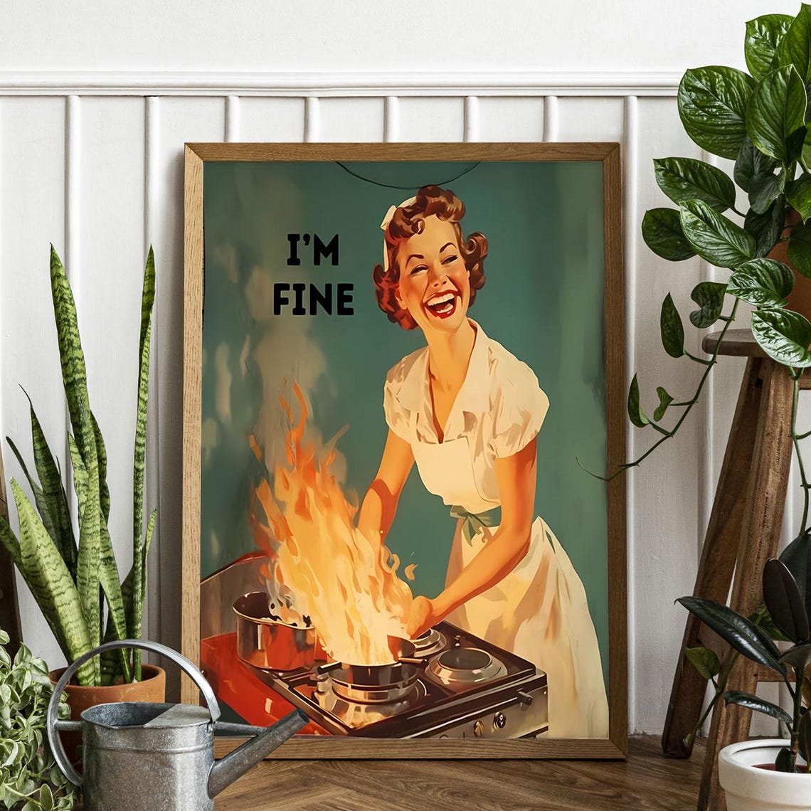 I'm Fine Funny Retro Kitchen Housewife Burning Stove Art Poster