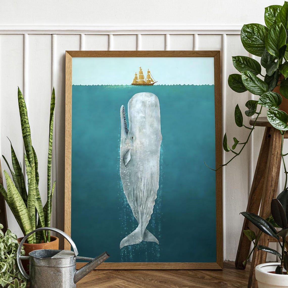 Giant Whale And Sailing Ship Split View Nautical Ocean Art Poster