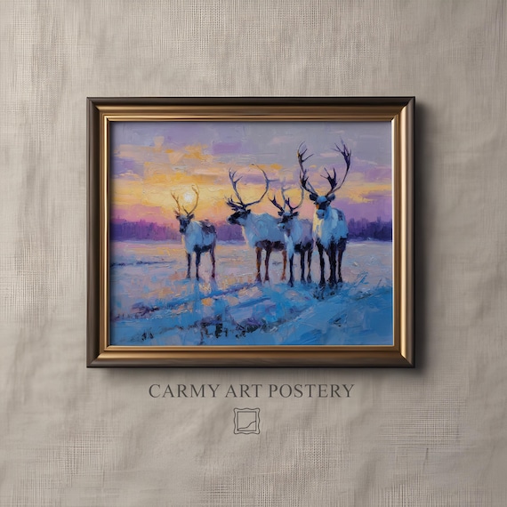 Reindeer Herd in Snow at Sunset Winter Oil Painting Landscape Print
