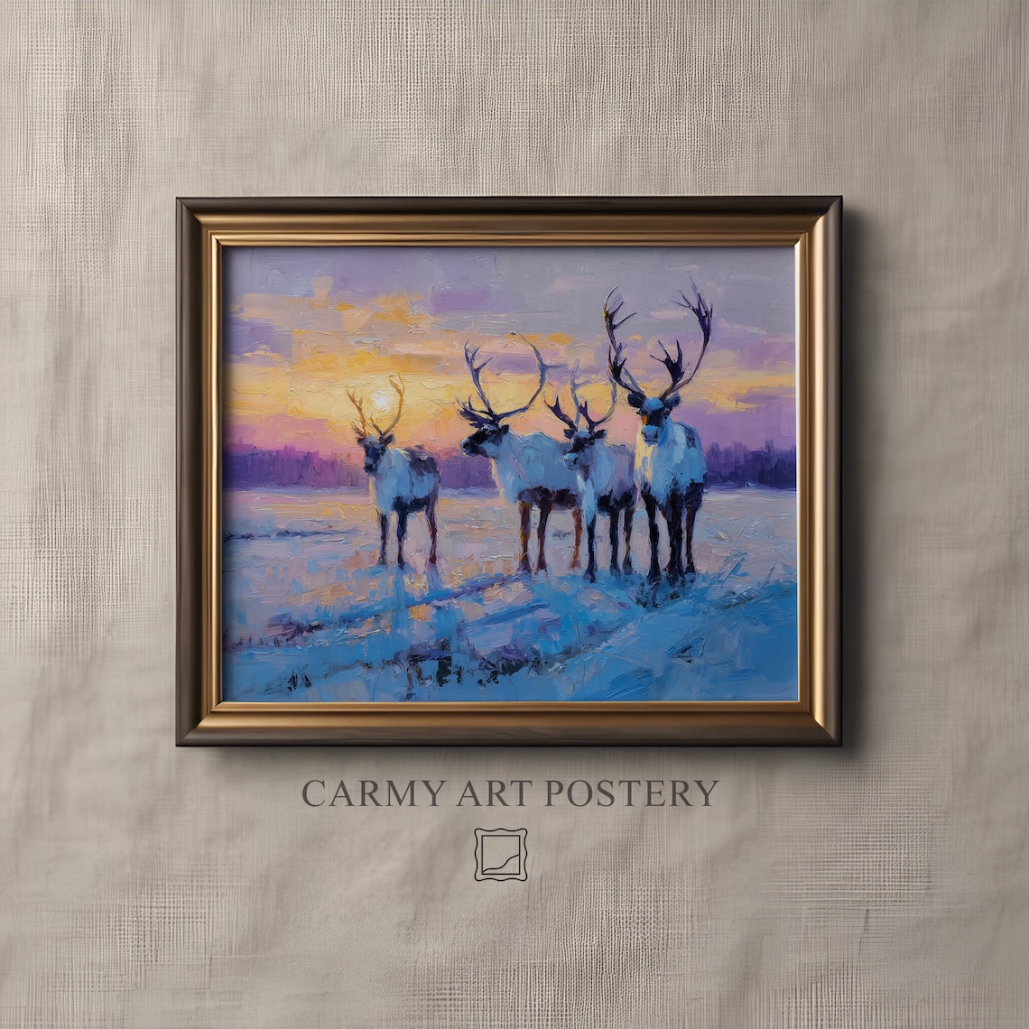 Reindeer Herd in Snow at Sunset Winter Oil Painting Landscape Print