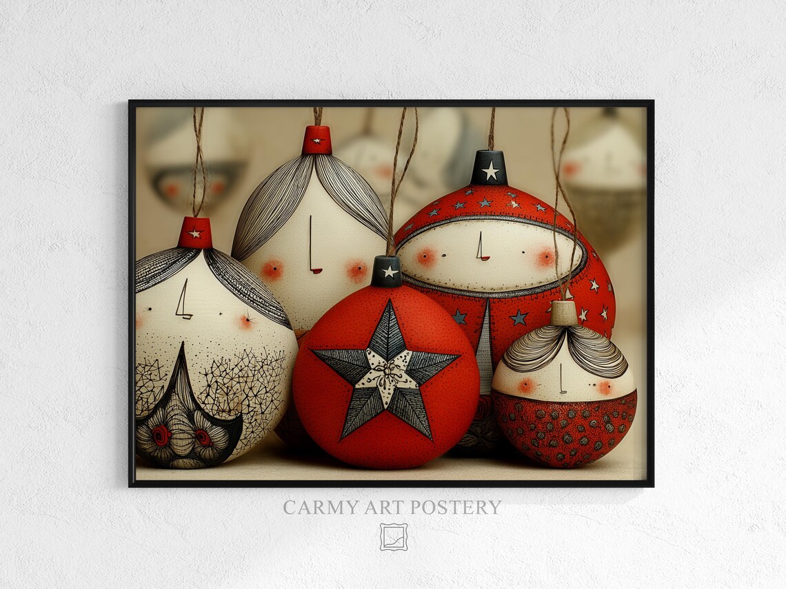 Vintage Folk Art Christmas Ornaments Faces Red White Holiday Print