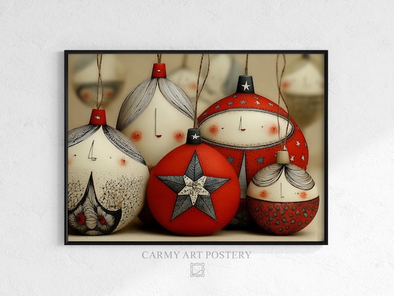 Vintage Folk Art Christmas Ornaments Faces Red White Holiday Print