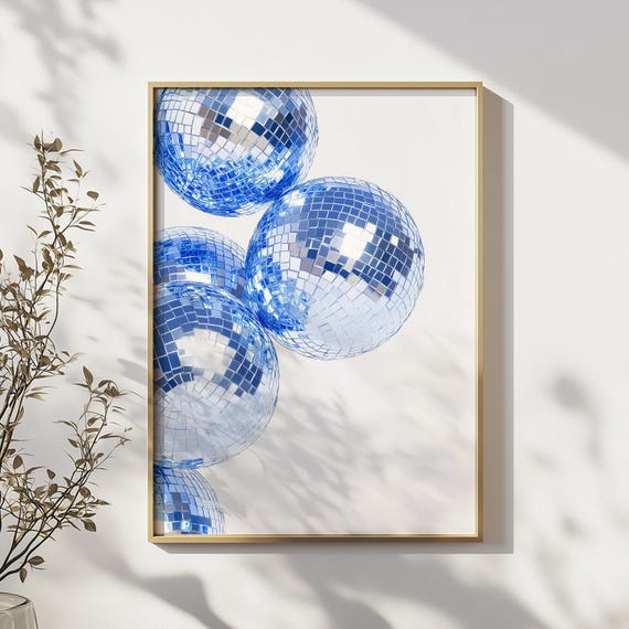 Blue Disco Ball Wall Art Print Funky Retro Party Decor Poster Shiny Mirror Dance Themed Room Gift For Her