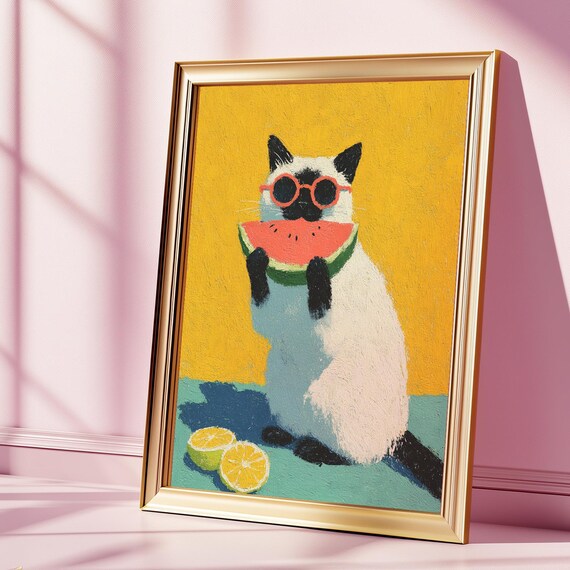 Watermelon Cat Print Whimsical Summer Wall Art Funny Fruit Poster For Kitchen Kids Room Or Pet Lovers Instant