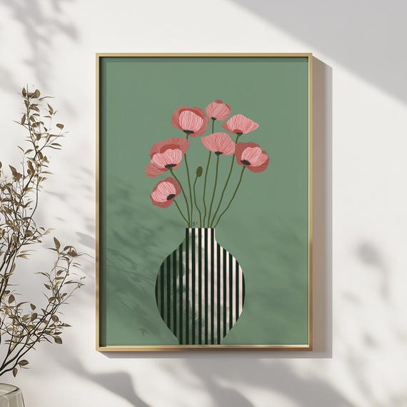 Modern Poppy Wall Art Print Minimalist Botanical Flower Illustration Pink Floral Vase Scandinavian Home Decor For Kitchen Or Office