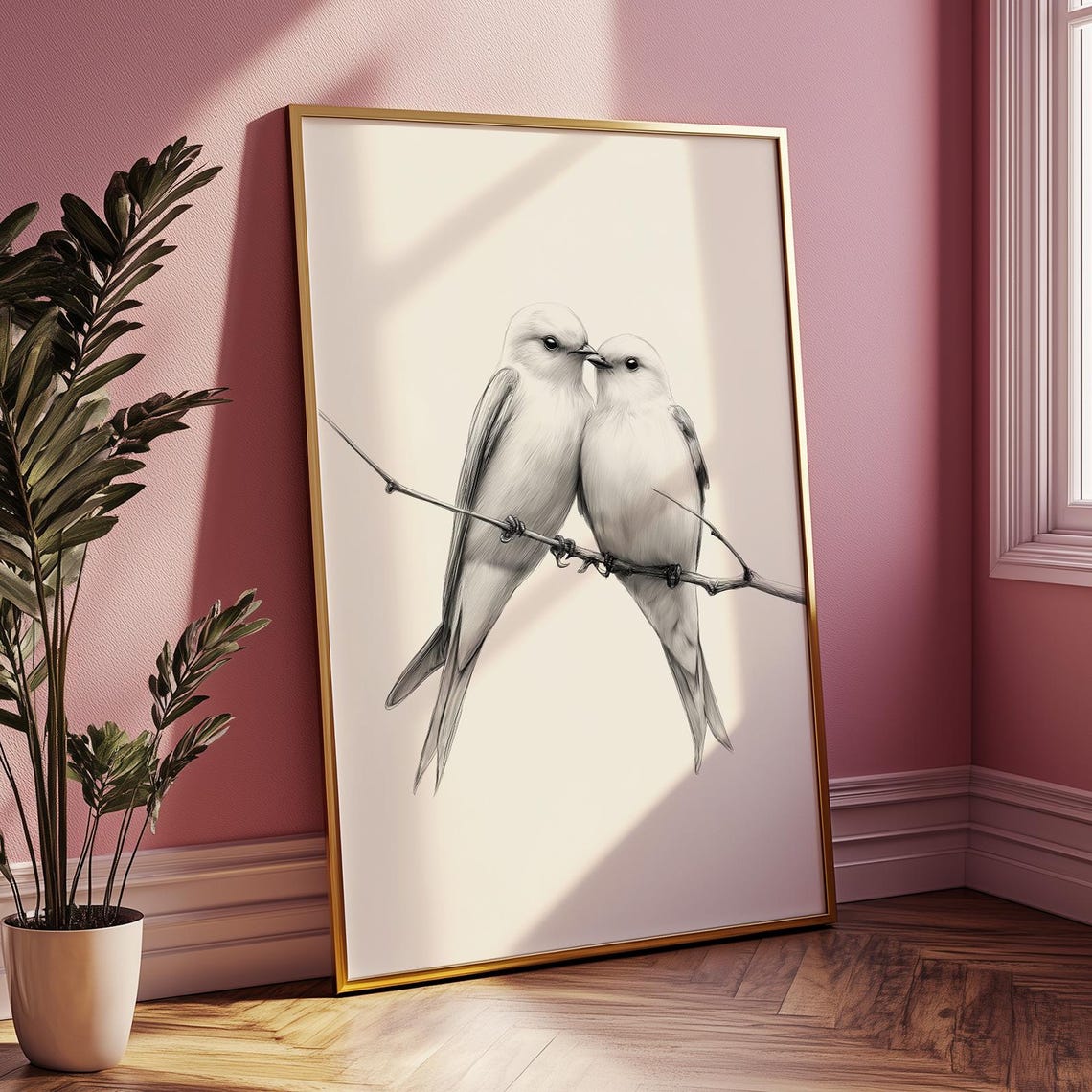 Birds In Love On A Branch Vintage Pencil Sketch Bird Drawing Poster