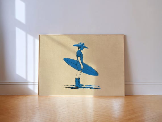 Blue Surf Cowboy Print Western Coastal Wall Art Minimal Beach Rider Illustration Gift Decor
