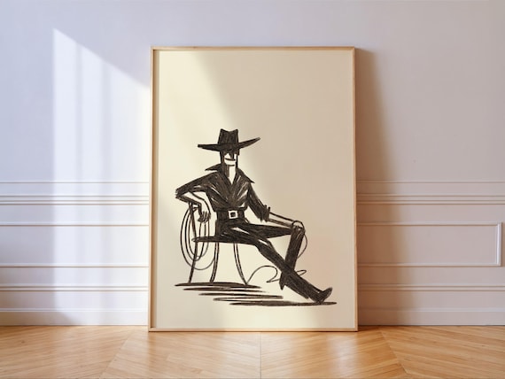 Minimalist Cowboy Sketch Art Print Rustic Western Wall Decor Neutral Vintage Ranch