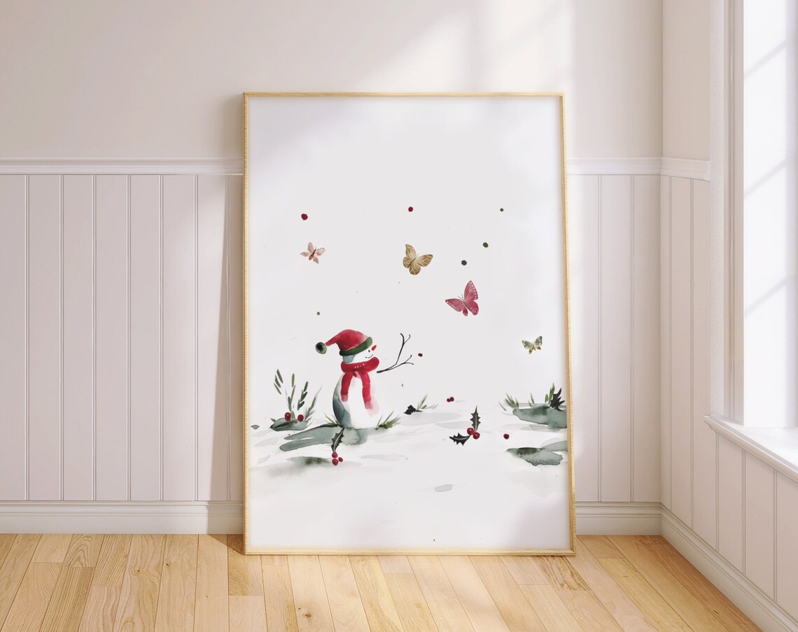 Snowman Butterfly Christmas Art Print, Winter Wonderland