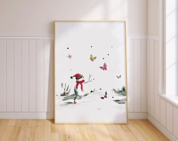 Snowman Butterfly Christmas Art Print, Winter Wonderland
