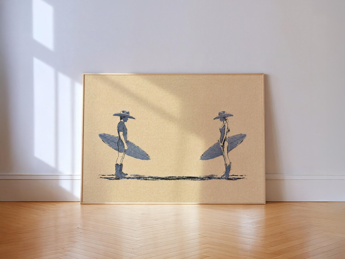 Cowboy And Cowgirl Holding Surfboards Blue Ink Coastal Western Poster