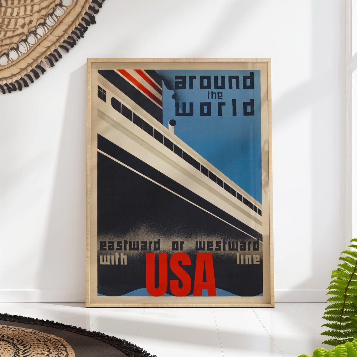 Around The World USA Line Vintage Art Deco Ocean Liner Poster