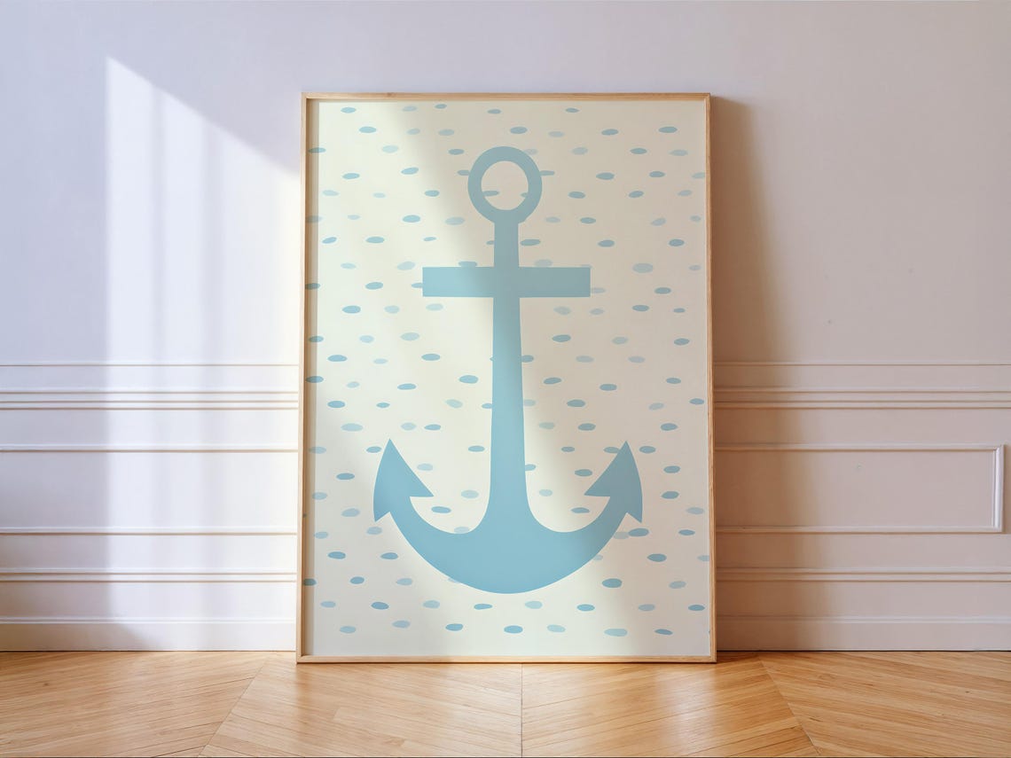 Pastel Blue Anchor On Dotted Nautical Coastal Nursery Wall Art