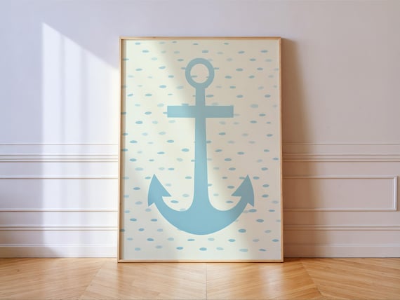 Pastel Blue Anchor On Dotted Nautical Coastal Nursery Wall Art