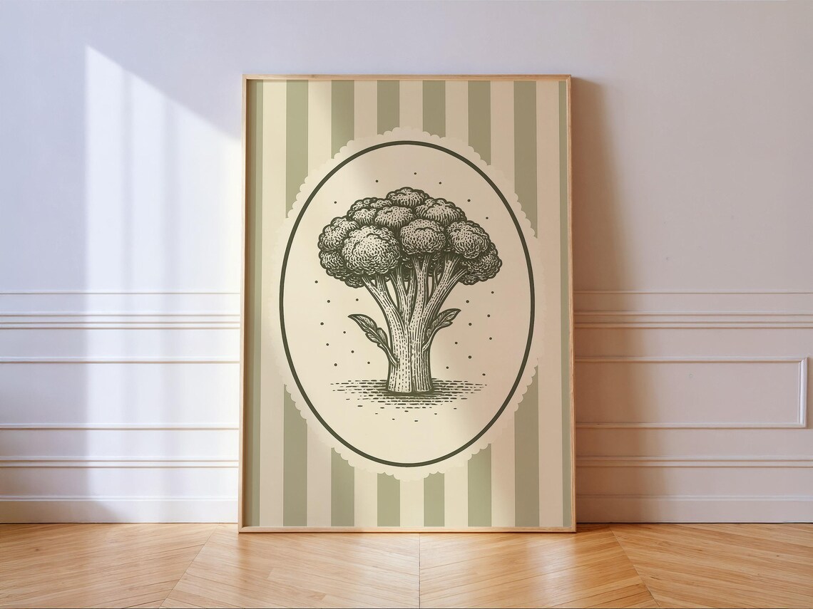 Vintage Botanical Broccoli Engraving Oval Medallion Green Stripe Poster