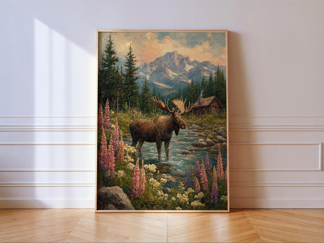 Moose Print, Impressionist Cabin Wildlife Art