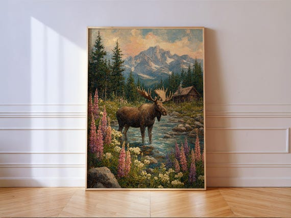 Moose Print, Impressionist Cabin Wildlife Art