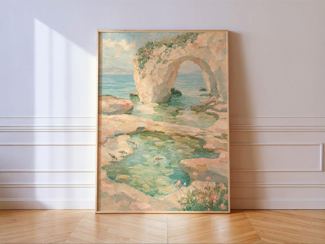 Sandpipers Tide Pool Sea Arch Pastel Impressionist Coastal Art Poster