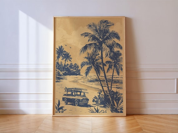 Vintage Surf Van With Palm Trees Navy Gold Retro Travel Art Poster