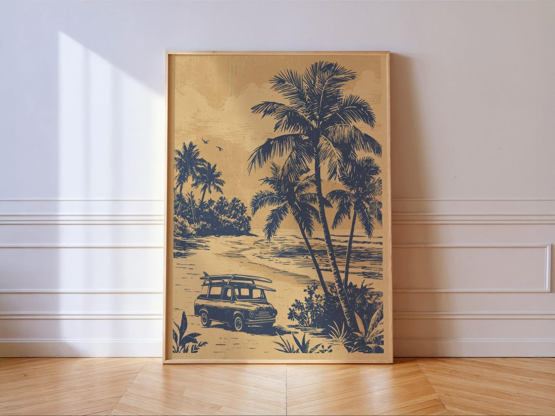 Vintage Surf Van With Palm Trees Navy Gold Retro Travel Art Poster