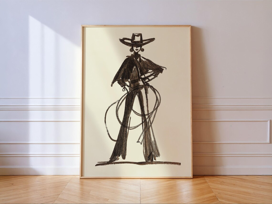 Modern Cowgirl Sketch Print, Western Art