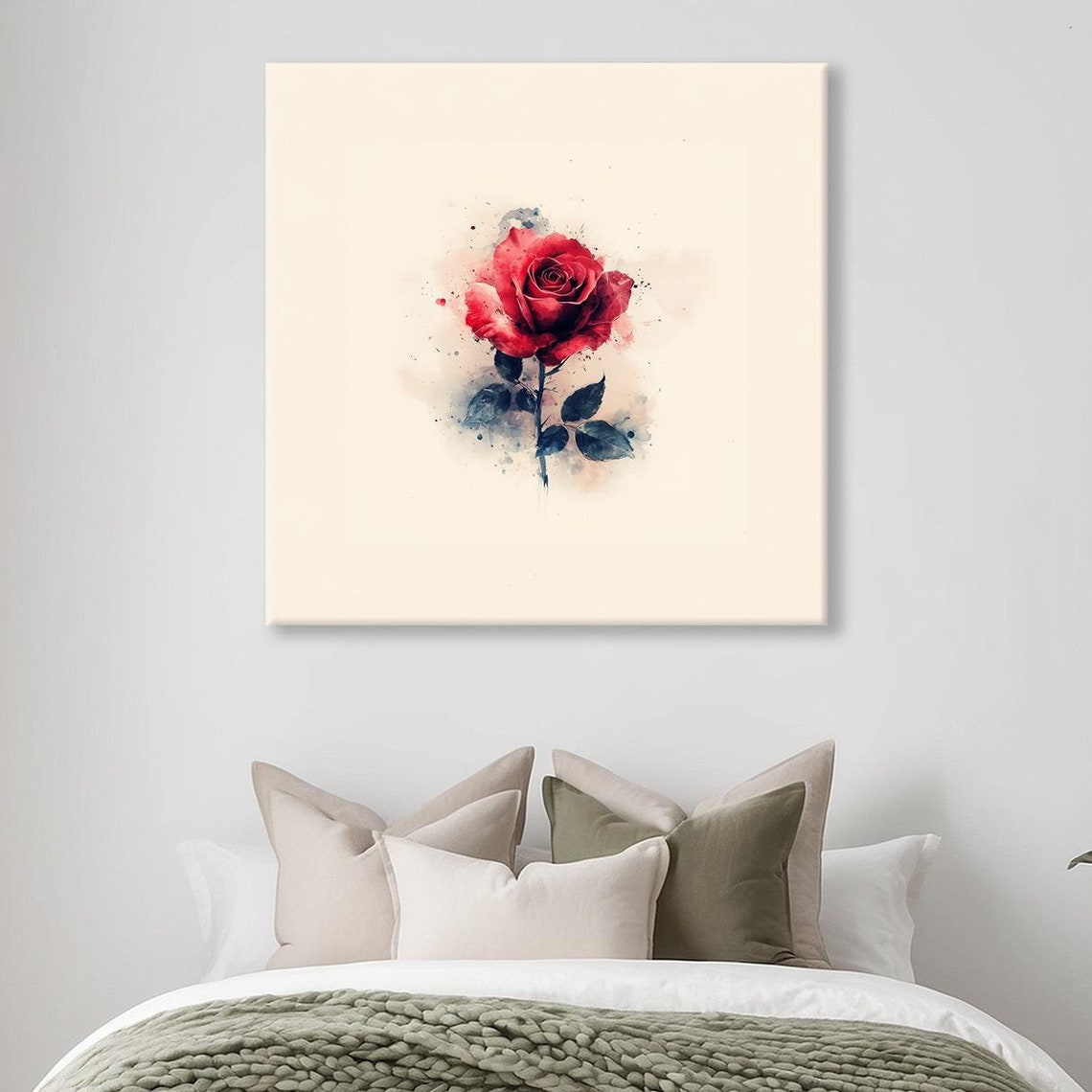 Single Red Rose Watercolor Splash Bloom Cream Minimalist Art Print