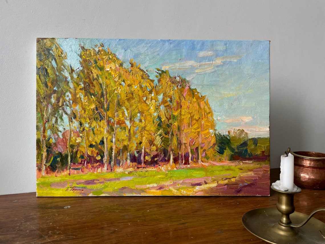Autumn Birch Grove Golden Meadow Impressionist Oil Painting Landscape