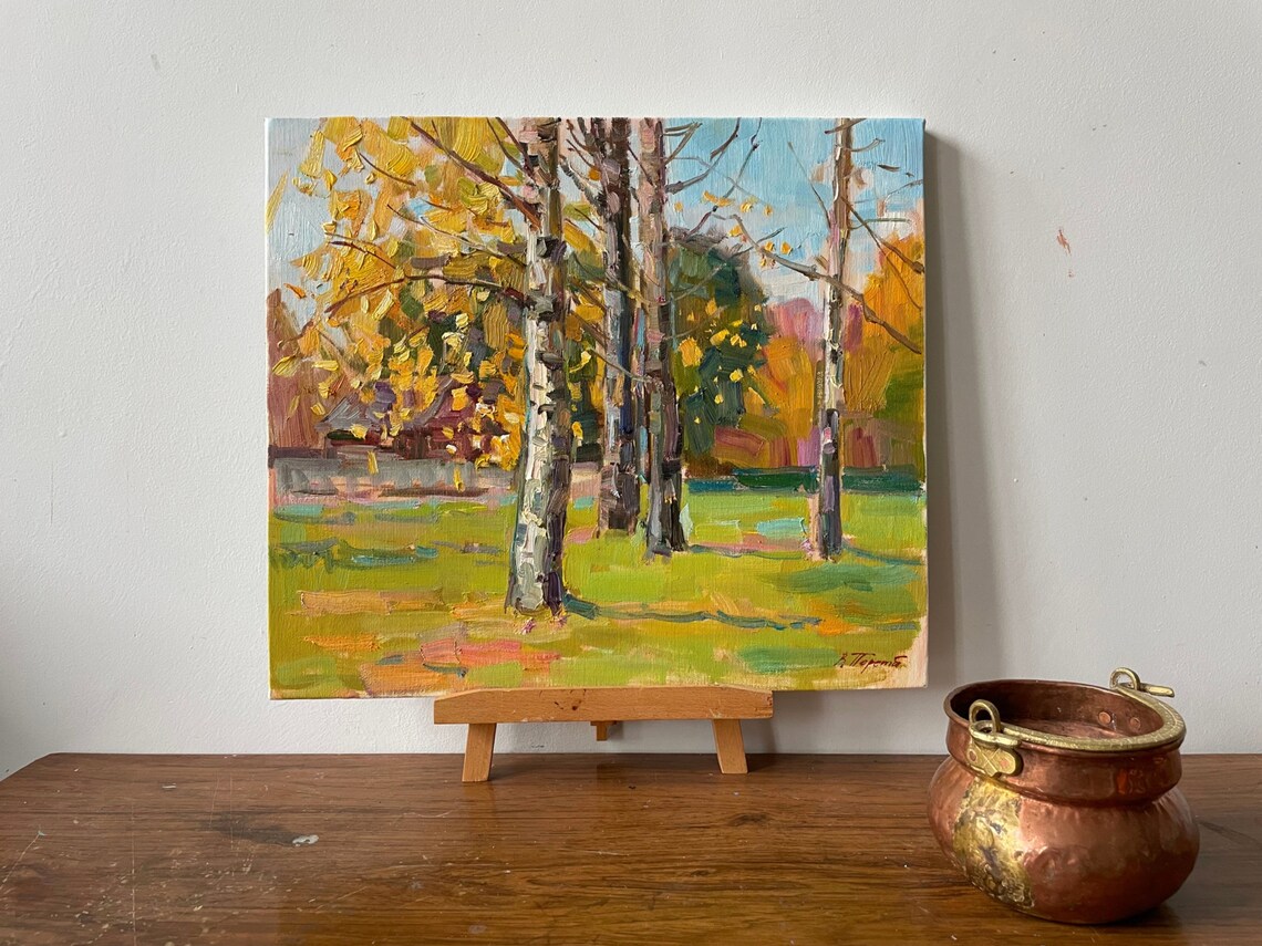 Autumn Park Birch Trees Golden Foliage Impressionist Oil Painting Art