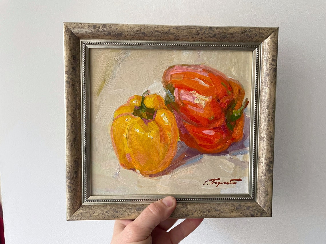 Yellow Red Bell Peppers Framed Still Life Oil Painting Kitchen Decor - Image 3