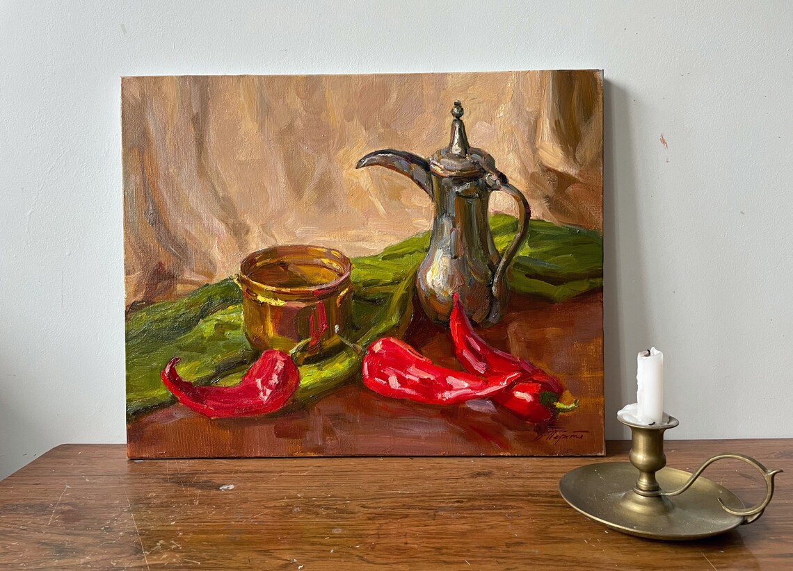 Red Chili Peppers Brass Still Life Kitchen Oil Painting Wall Art