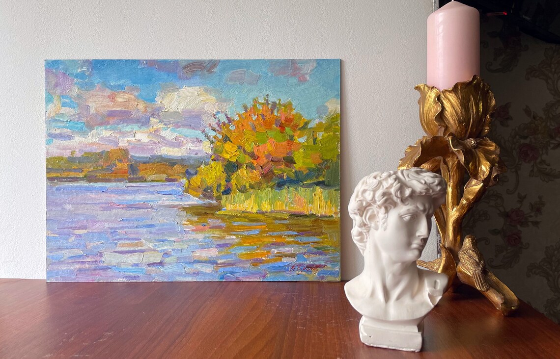 Autumn Riverbank Golden Trees Blue Water Oil Painting Landscape Art - Image 3