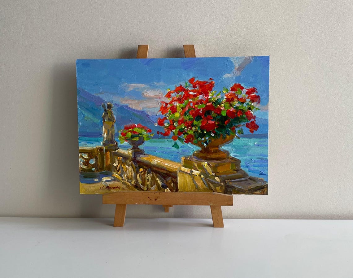 Mediterranean Terrace Red Geraniums Sea View Oil Painting Coastal Art - Image 2