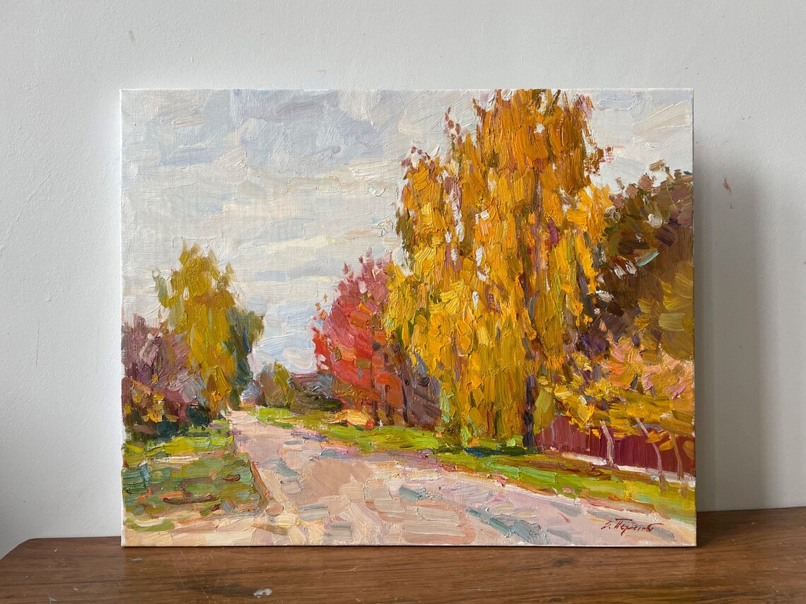 Autumn Country Road Colorful Trees Impressionist Oil Painting Scenery