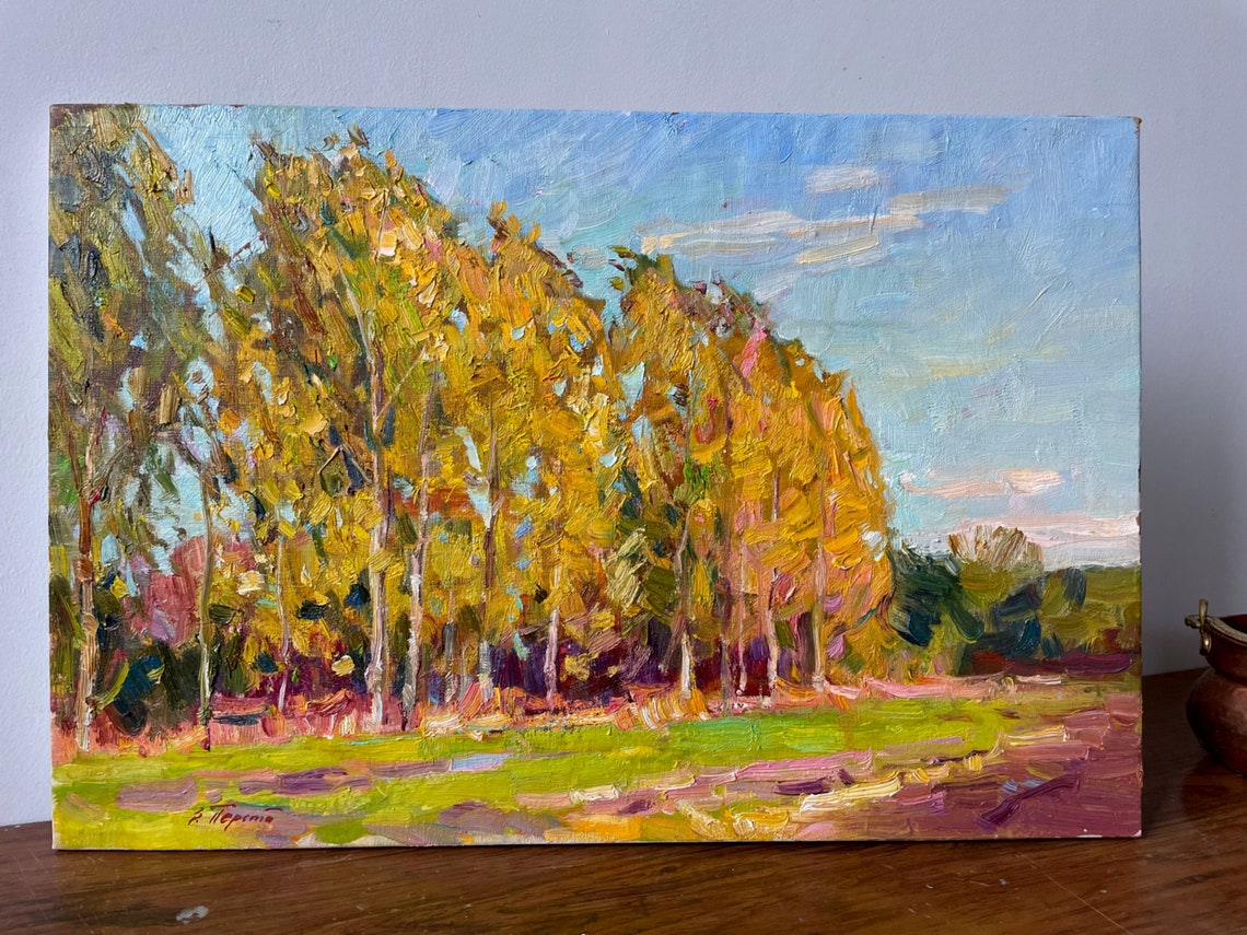 Autumn Birch Grove Golden Meadow Impressionist Oil Painting Landscape - Image 4