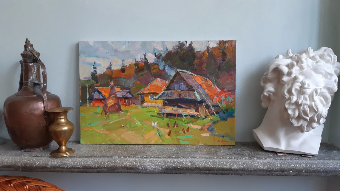 Carpathian Mountain Huts Rustic Village Impressionist Oil Painting Art - Image 3
