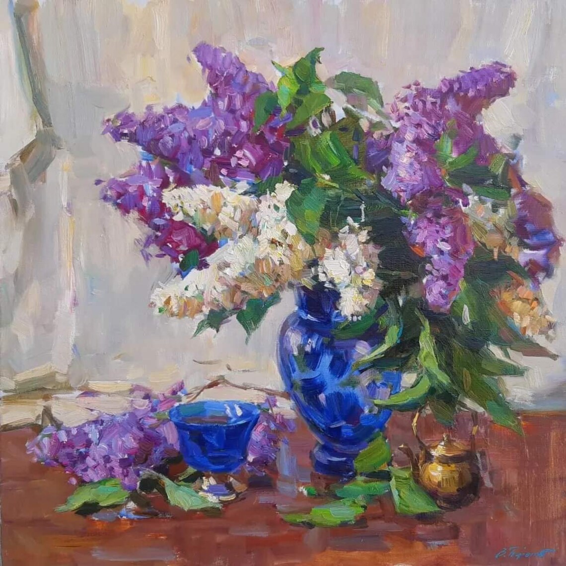 Purple Lilacs Blue Vase Still Life Impressionist Oil Painting Floral