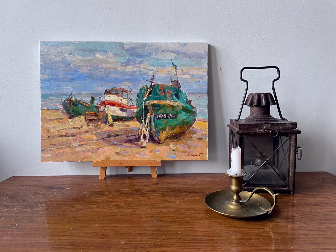 Colorful Fishing Boats Beach Sea Impressionist Oil Painting Coastal - Image 4