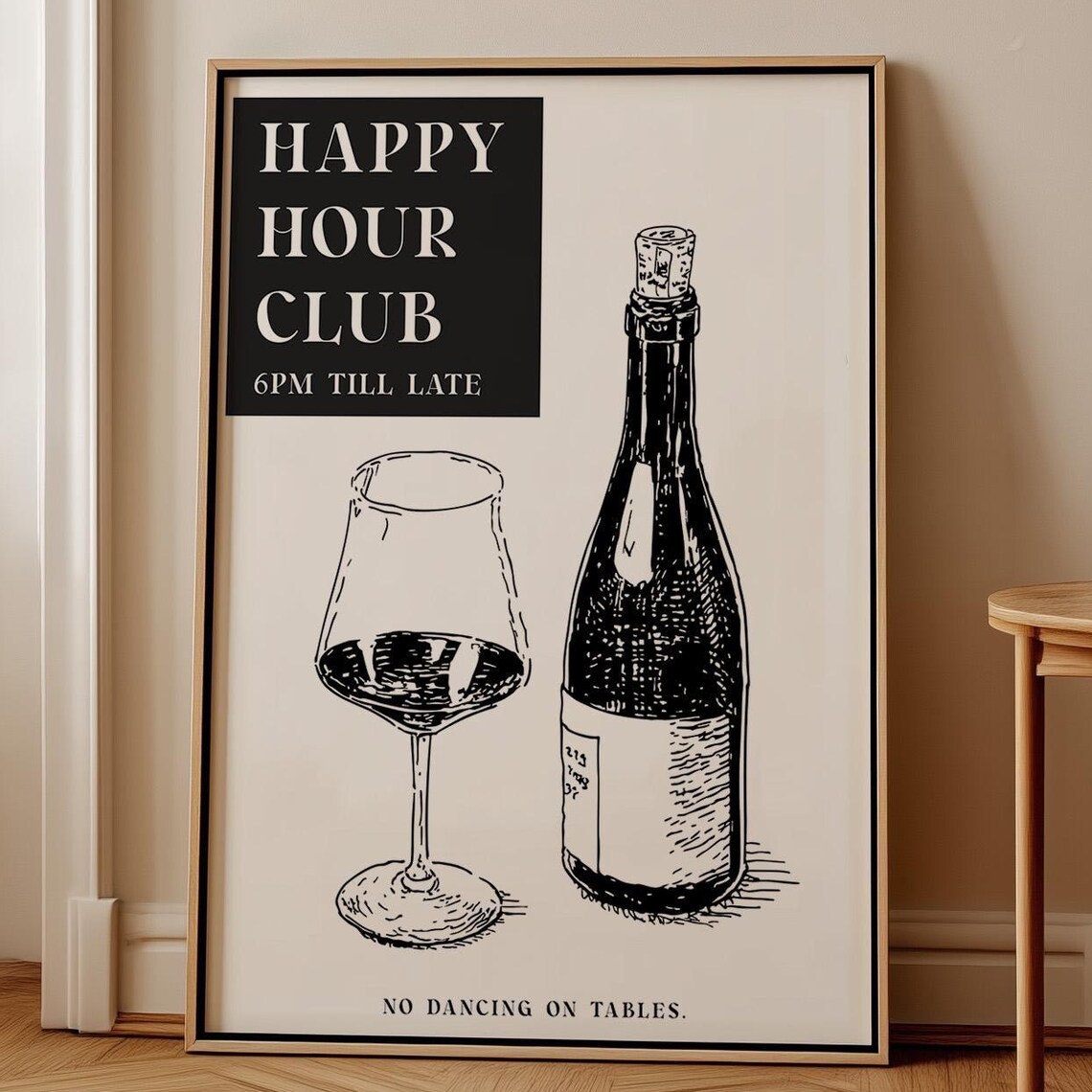 Happy Hour Club 6PM Till Late Wine Bottle Sketch Bar Cart Poster