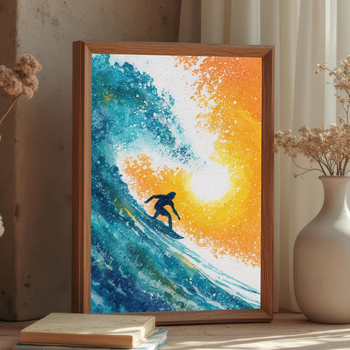 Surfer Riding Wave at Sunset Vibrant Watercolor Ocean Surf Art Poster
