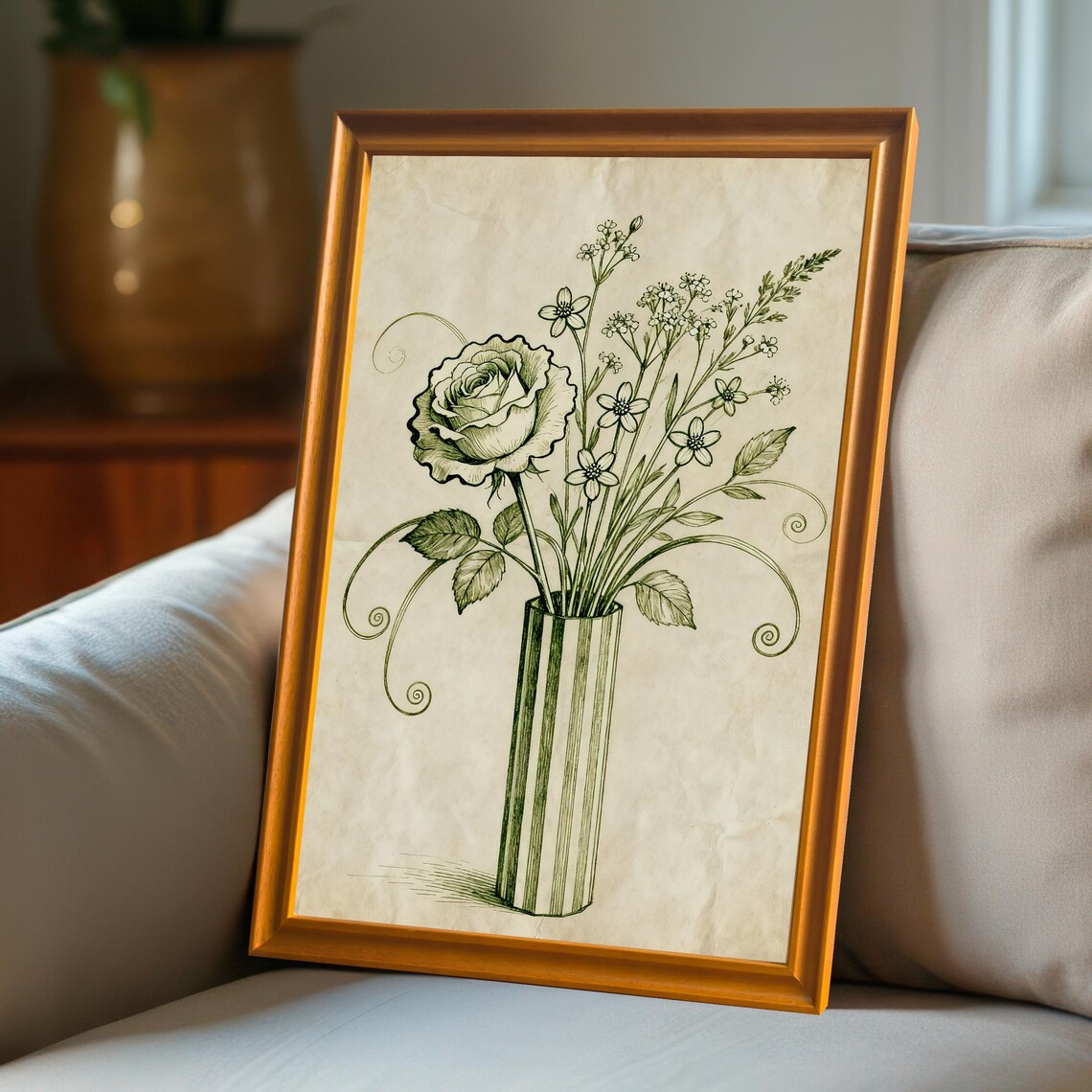 Rose Vase Drawing Illustration, Vintage Botanical Poster