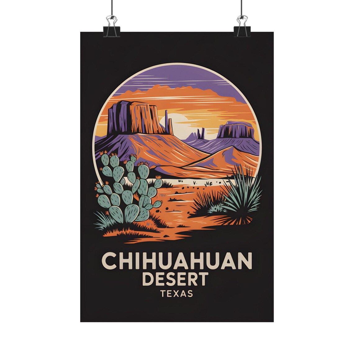 Chihuahuan Desert Texas Sunset Poster Prickly Pear Cactus Circle Artwork