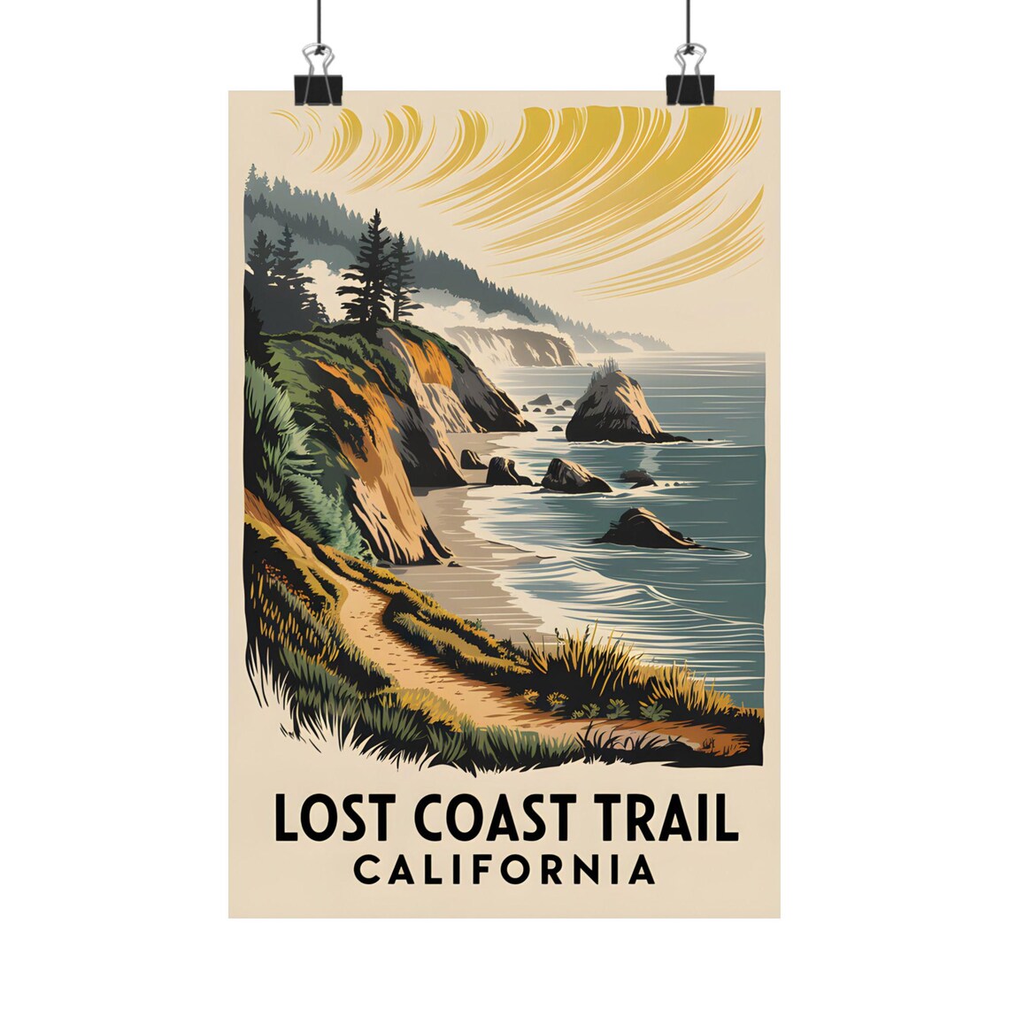Lost Coast Trail California Rugged Cliffs Seascapes Retro Travel Poster