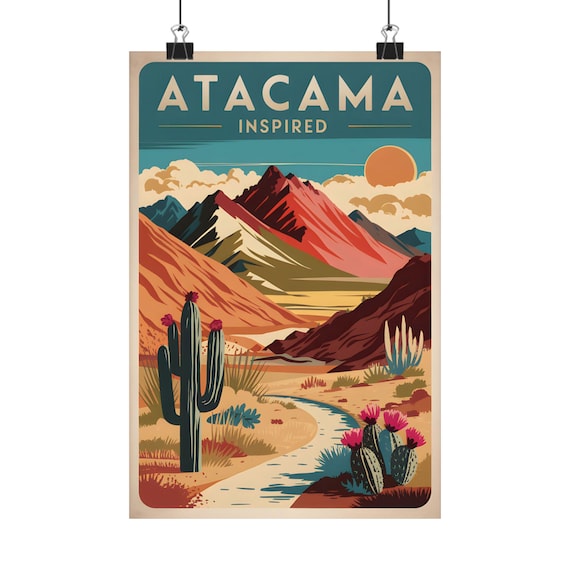 Atacama Inspired Desert Cacti Andes Mountains Retro Travel Poster