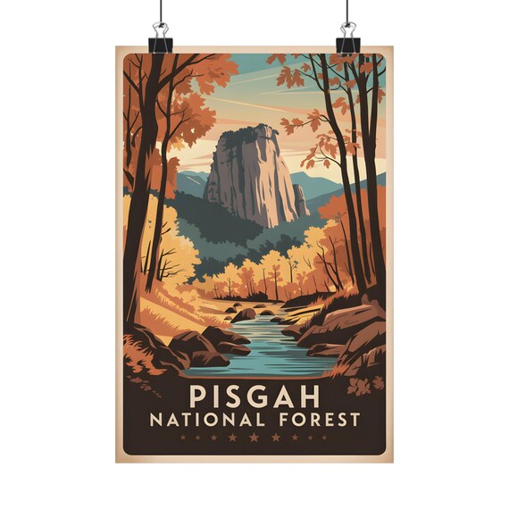 Pisgah National Forest Waterfall Creek Autumn Woods Vintage Poster
